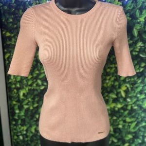 Tahari Taupe/Pink Ribbed Short Sleeve Sweater